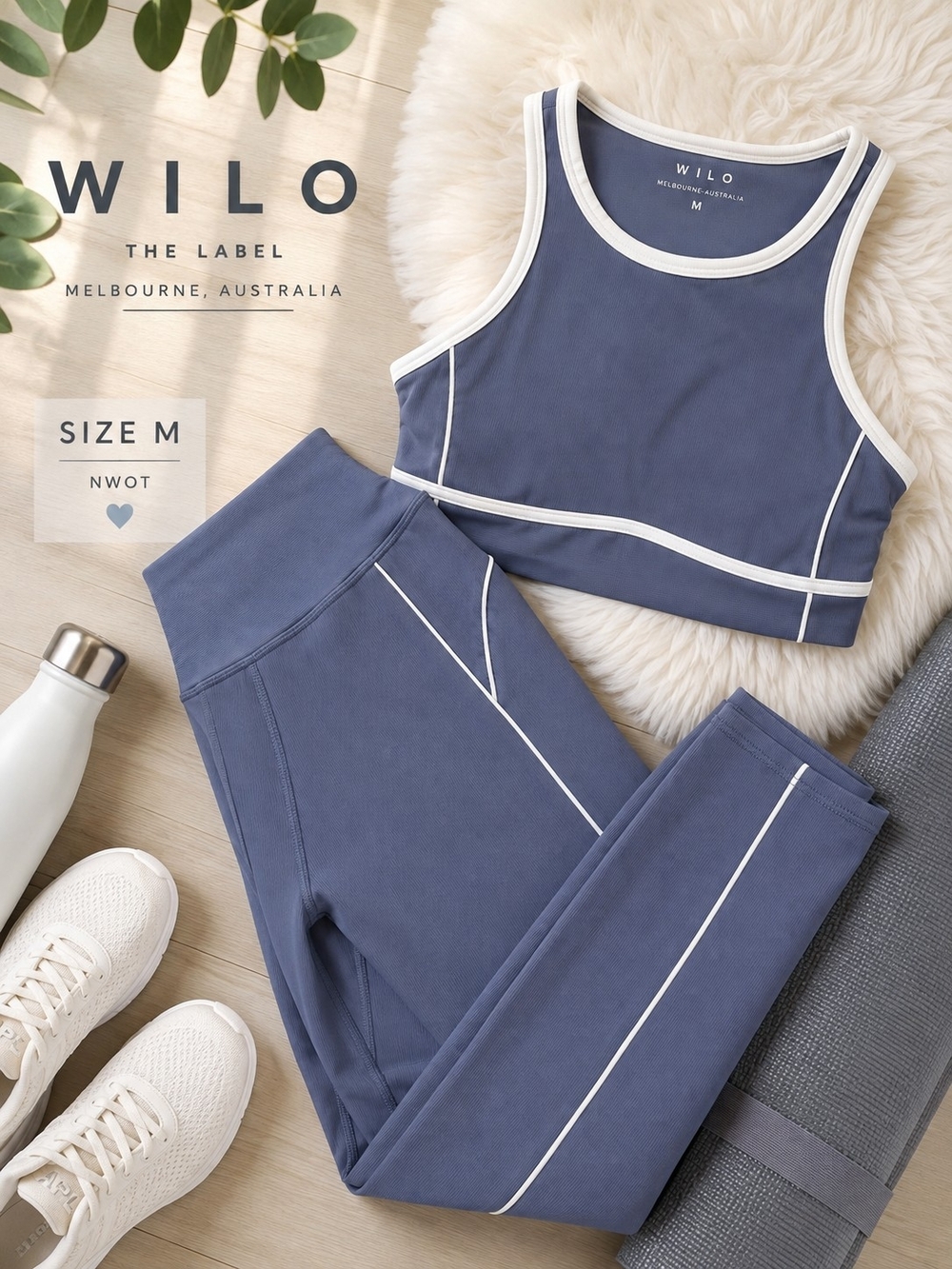 WILO The Label Outline Ribbed Leggings Sports Bra Set M Plum White NWOT